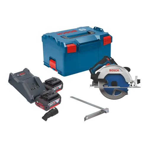Bosch GKS 18V-68-2 Kreissäge mit 2x Akku und Ladegerät - Kraftvolle 18 V Kreissäge für präzise Schnitte in Holz. Inklusive 2 Akkus, Ladegerät und praktischem Koffer für einfachen Transport und Aufbewahrung.