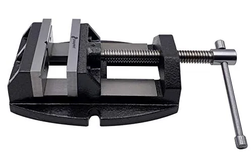 Bohrmaschinen-Schraubstock 100 mm Backenbreite - Werkstatteinrichtung mit massiver Gussstahl-Konstruktion für hohe Stabilität. Ideal für präzise Bohrvorgänge dank geschliffener Stahlbacken und einfacher Handhabung durch bewegliche Handkurbel.