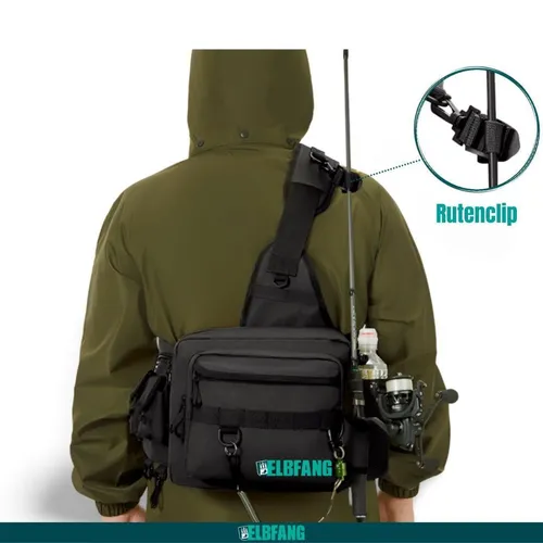 elbfang ANGELTASCHE SCHWARZ WASSERFEST - Wasserfester Angel-Rucksack für Spinnfischer, kompakt und praktisch mit seitlichen Taschen für Tackle und Zubehör. Ideal als Geschenk für Angler!