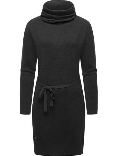 Ragwear Damen Strickkleid Babett Dress in Dunkelgrau, Größe XL - Stylisches Langarmkleid aus weicher Baumwolle mit modernem Strick-Design und hohem Tragekomfort. Perfekt für den Herbst, taillierter Schnitt mit Bindeband für individuelle Anpassung.