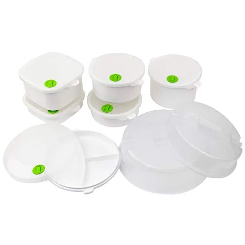 Grizzly Mikrowellengeschirr-Set mit Dampfventil-Deckeln - 14-teiliges Set aus stapelbaren, mikrowellengeeigneten Vorratsbehältern, ideal für einfache und sichere Aufbewahrung von Lebensmitteln.