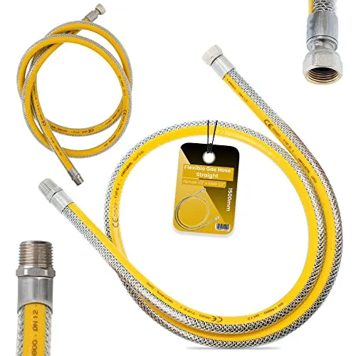 Flexibler Gasschläuch 1,5m Propangasschlauch Butangasschlauch 1/2 IG x 1/2 AG DN12 Edelstahl PVC Butangas Propan Schlauch EN14800 Gasanschlussschlauch Gasflaschen Camping Küche Gasgrillgeräte