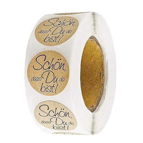 Ideen mit Herz Kraftpapier-Sticker | Schön, dass du da bist | Ø 2,5cm | Etiketten-Aufkleber auf Rolle | 500 Stück | ideal für Hochzeit, Geburtstag, Konfirmation, Taufe und andere Feste