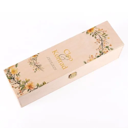 Herz & Heim® Personalisierte Holz-Weinbox – Hochzeitsgeschenk mit Namen & Datum – Edle Geschenkbox aus Holz für Weinflaschen – Bedruckte Weinkiste zur Hochzeit & Jubiläum (Petunien)