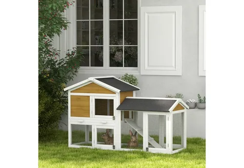 PawHut Kleintierstall aus Holz mit Freilaufgehege für Zwergkaninchen - Vielseitiger Kleintierstall aus hochwertigem Tannenholz mit wetterfestem Bitumendach. Ideal für Zwergkaninchen und Meerschweinchen, bietet er Sicherheit und einfachen Zugang für Fütterung und Reinigung.