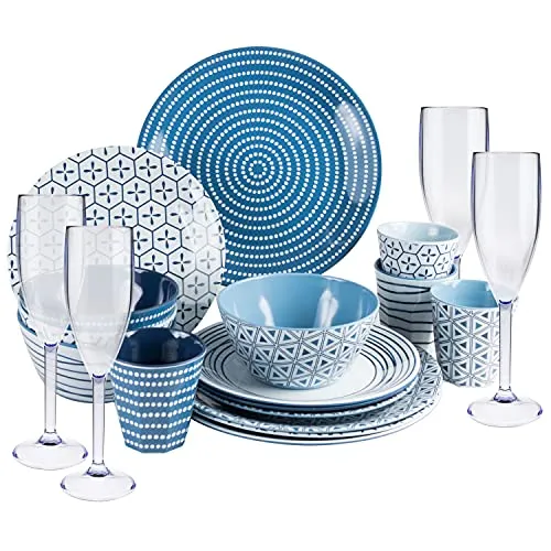 Melamin Camping Geschirr und Glas Set für 4 Personen - 20 Teile - Campinggeschirr - blau weiß - mit Sektglas 150 ml - Gläsern - Essgeschirr