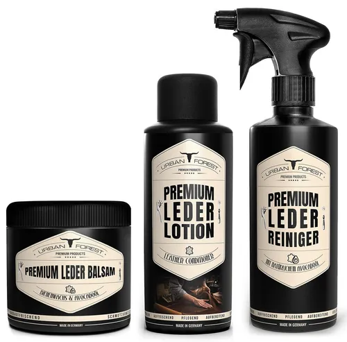 URBAN FOREST Lederpflegeset 3x 500ml - Schuhpflegemittel für Glattleder, ideal zur Pflege von Möbeln, Jacken und Autoleder. Enthält Balsam, Reiniger und Lotion für langanhaltenden Schutz und Pflege.