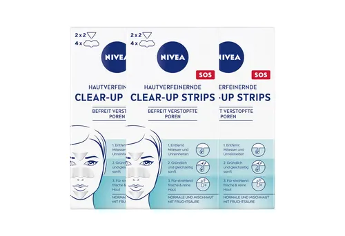 Nivea Gesichtsreinigungstücher Clear-up Strips hautverfeinernd entfernt Mitesser sanft 3 x 6 Strips, 18-tlg., Fruchtsäure