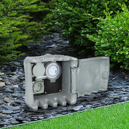 Gartensteckdose in Steinoptik IP44 - 2 Steckdosen mit Zeitschaltuhr - Steckdosen & Zubehör - Wetterfeste Gartensteckdose mit 2 Steckdosen und Timer für optimale Energieverwaltung im Außenbereich.