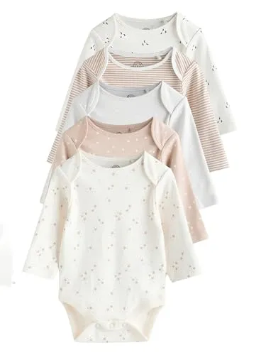 Next Langarmbody 5er-Pack Beige für Babys - Bequeme und weiche Baby Bodysuits aus 100 % Baumwolle, ideal für die ersten Monate. Größe 56-62 (bis zu 3 Mon.) in neutralem Beige.