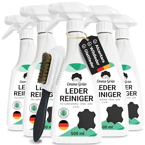 Emma Grün® Lederreiniger Auto & Alcantara Reiniger 5x 500ml [+WILDLEDERBÜRSTE] - Lederpflege Auto für Autositze - Kunstleder & Wildleder Reiniger - Leder Reinigung für Schuhe - Made in Germany