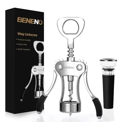 Beneno Korkenzieher-Weinöffner mit auslaufsicherem Wein-Vakuumverschluss, Zinklegierung, Premium-Flügel-Korkenzieher-Weinflaschenöffner mit multifunktionalem Flaschenöffner, Upgrade
