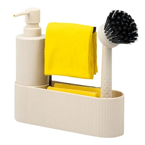 eluno Spülbecken Organizer mit Soft-Touch Oberfläche und Seifenspender (Beige) - Optimale Ordnung am Spülbecken! Der eluno Organizer bietet einen Seifenspender, eine Spülbürste mit Ersatzkopf und einen praktischen Spültuchhalter. In elegantem Design mit Soft-Touch-Oberfläche für eine stilvolle Küche.