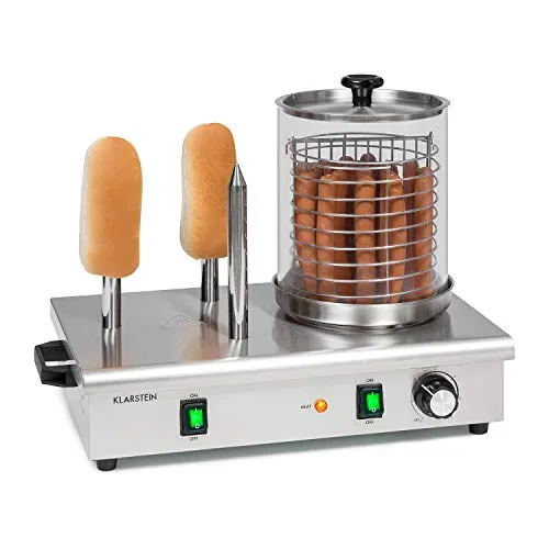Klarstein Wurstfabrik Pro 600 Hot Dog Maker - Hot Dog-Maschinen mit 600 Watt Leistung, ideal für Gastronomie und Partys. Der Edelstahlkäfig bietet Platz für bis zu 5 Liter Würstchen und die Temperatur ist von 30 bis 100 °C regulierbar.