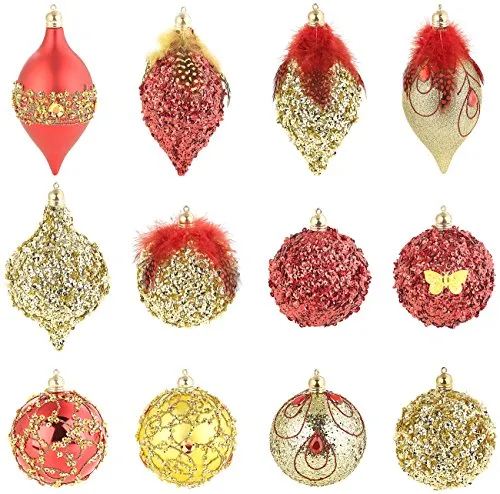 infactory Weihnachtskugeln: 12er-Set Weihnachtsbaum-Kugeln mit Pailletten & Federn, rot und golden (Christbaumkugeln, Christbaum-Schmuck, Weihnachten)