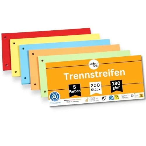 perfect line 200 Trennstreifen für Ordner A4, Trennblätter aus Recycling-Karton, MADE IN GERMANY, 5 Farben, gelocht