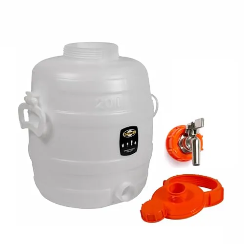 Lebensmittelechtes Getränkefass Mostfass Gärfass (20 Liter rund mit Edelstahl-Auslaufhahn)
