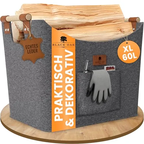 BLACK OAK Montana XL 60L Filzkorb & Holzkorb für Kaminholz in grau von BLACK OAK