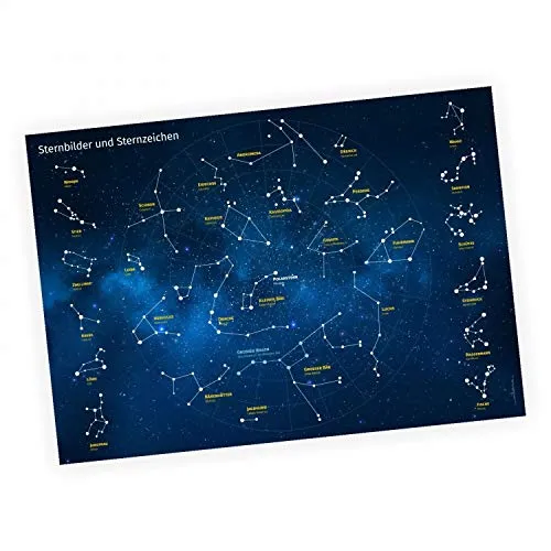 Kinder Lernposter Sternbilder und Sternzeichen - Wanddeko Kinderzimmer Sternenhimmel Deutsch und Latein - Größe DIN A3-420 x 297 mm