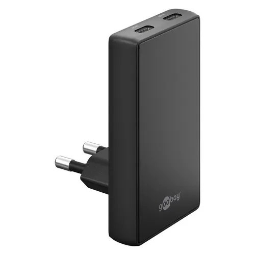 USB-C™ PD GaN Dual-Schnellladegerät 65 W schwarz - Leistungsstarkes 2-Port Ladegerät mit 90° Flachstecker für platzsparendes Laden. Ideal für unterwegs und mit geprüfter Qualität für sicheres Aufladen.