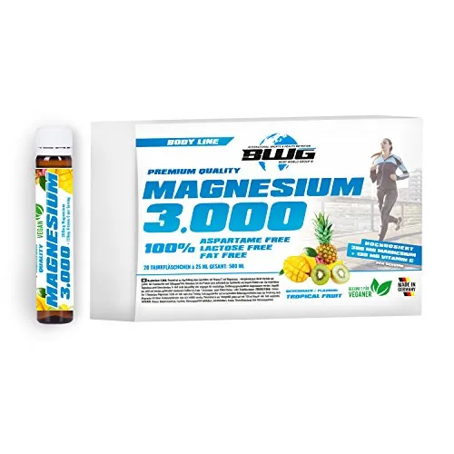 BWG Magnesium 3000 Hochdosiert & Vegan, Magnesiumcitrat Liquid - Hochdosierte Magnesiumampullen mit 300 mg pro Einheit. Ideal zur Unterstützung nach intensiven Belastungen. 100% vegan, gluten- und laktosefrei, ergänzt mit Vitamin C für einen fruchtigen Geschmack. Qualität aus zertifizierter Herstellung.