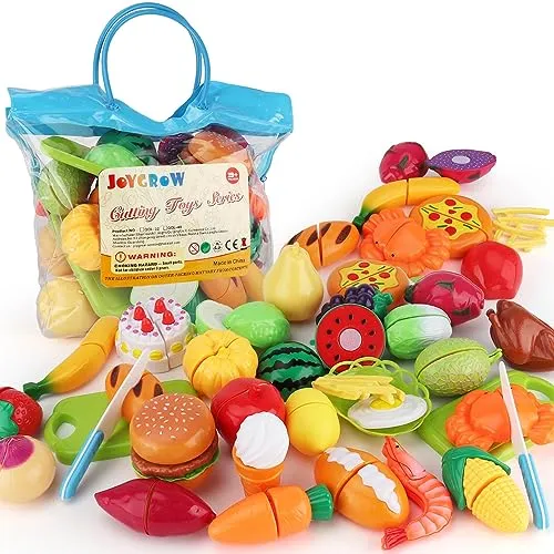 JoyGrow 32 Stück Lebensmittel Spielzeug Obst Gemüse Spielzeug Rollenspiele Pädagogisches Küchenspielzeug Zubehör ,Kinderküche Simulation für Kinder ab 3 Jahren Mädchen (Blue) (Red)