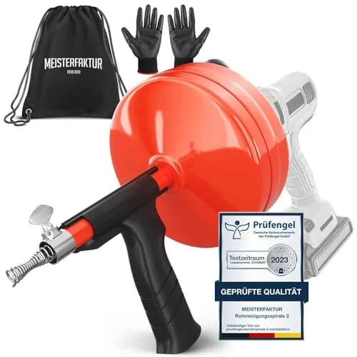 Meisterfaktur Rohrreinigungsspirale mit Metalltrommel [10M] - Umweltfreundliche Abflussspirale mit Bohraufsatz - Rohrreinigungswellen für einfache Anwendung: Mit Bohrmaschinenaufsatz reinigen Sie Abflüsse schnell und effektiv in unter 10 Minuten - ganz ohne Chemikalien!