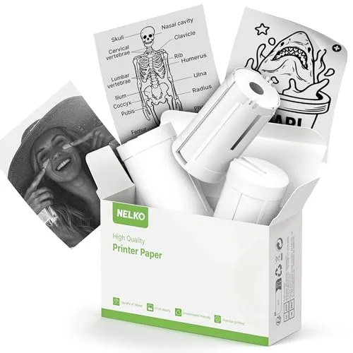 Nelko Original selbstklebende Thermodrucker Aufkleber, kompatibel mit PM230 Mini Aufkleber Drucker, schwarz auf weiß, 54mmx3.5m Mini Drucker Papier für Studie, Fotos, Anmerkung, 3 Rolls,weiß
