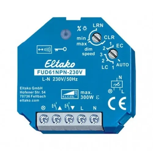 Eltako FUD61NPN-230V Funkaktor Universal Dimmschalter ESL - Smart Home Universal-Dimmschalter für Lampen bis 300W mit automatischer Lampenerkennung und Memory-Funktion. Ideal für individuelle Lichtsteuerung und Komfort im Zuhause.