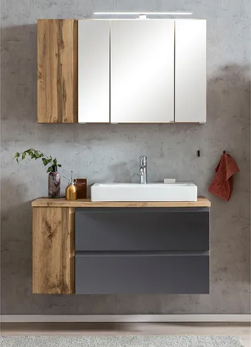 Waschplatzset Wotan Eiche, grau matt, 105 cm mit LED-Beleuchtung