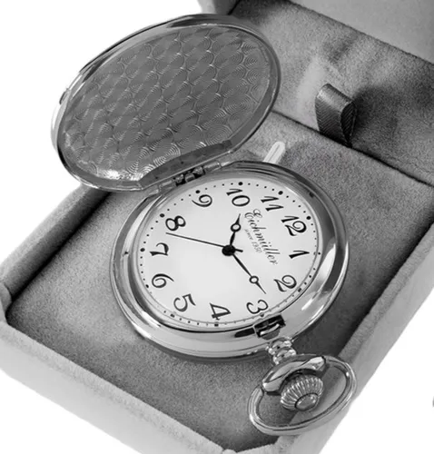 Eichmüller Taschenuhr Chrom Silber 45 mm Savonnette Quarz Kette & Box 3 Zeiger