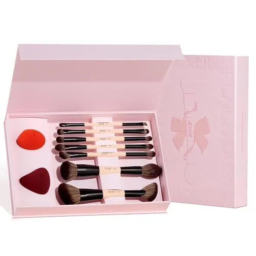 Jessup Pinselset Make Up Pinsel Set, 7tlgs doppelseitig Makeup Pinsel, 2tlgs Make-up-Schwamm, Foundation Concealer Rouge Lidschatten Kontur Bronzer Puder Eyeliner Geschenkverpackung T506