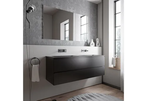 Bernstein Waschbeckenunterschrank AVA 140cm Schwarz matt - Eleganter Waschtischunterschrank mit Mineralguss-Doppelwaschbecken, 2 Schubladen für optimalen Stauraum. Ideal für moderne Badezimmergestaltung.