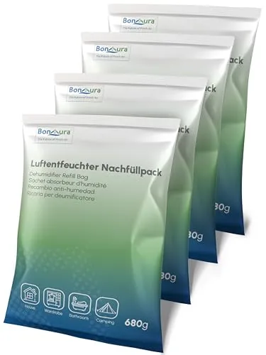 BonAura® AirOne Luftentfeuchter Nachfüllpack I 4er Set 680g Luftentfeuchter Granulat I Entfeuchter Nachfüllpack für Wohnräume I Schutz gegen Schimmel & Gerüche