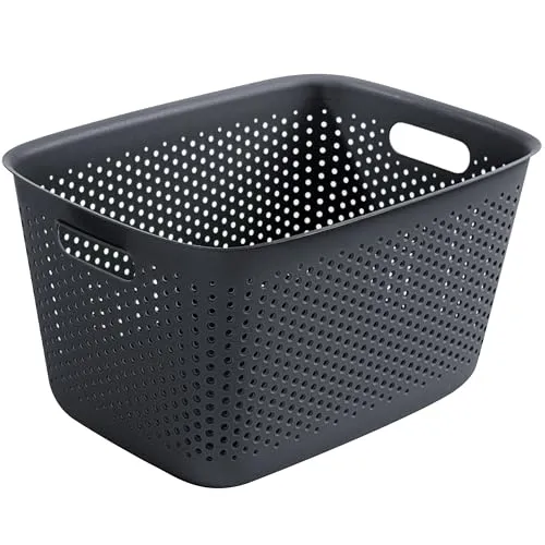 KONZEPT Aufbewahrungsbox 17L mit Griffen, 39x29x22 cm, perforierte Kunststoffbox schwarz für Aufbewahrung und Organisation