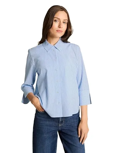 TOM TAILOR Poplin-Bluse mit Streifen - Stilvolle, lockere Hemdbluse mit 3/4-Arm und V-Ausschnitt. Aus leichtem, pflegefreundlichem Material für angenehmen Tragekomfort. Ideal für lässige Anlässe und vielseitig kombinierbar.