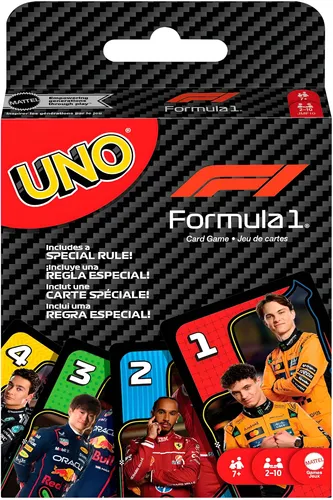 Mattel Games UNO F1 Kartenspiel – Spaß für die ganze Familie - Das beliebte UNO-Kartenspiel mit aufregenden Formel-1-Motiven: Ideal für 2-10 Spieler ab 7 Jahren. Mit der besonderen Regel „Überholen“ wird jede Runde spannender. Perfekt für Reisen und Camping!