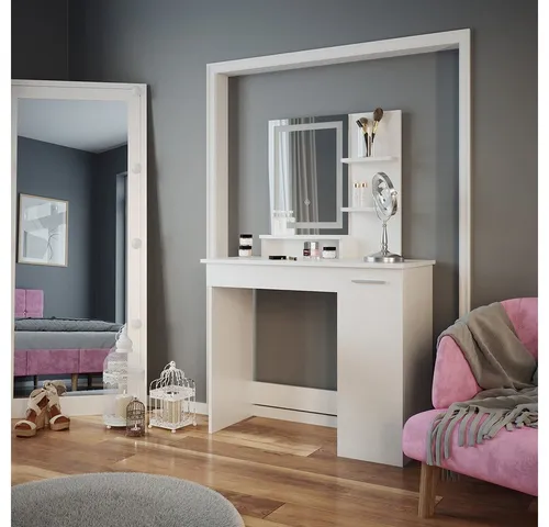 Vicco Schminktisch Julia mit LED-Spiegel, Weiß, 90 cm - Eleganter Schminktisch mit LED-Spiegel, ideal für Ihr Schlafzimmer. Drei offene und drei geschlossene Fächer bieten viel Stauraum für Kosmetik. Fühlen Sie sich wie eine Diva!