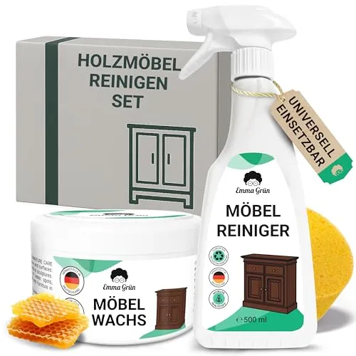 Emma Grün® Möbelreiniger + Holzwachs Farblos [KOMBI SPAR SET] - Möbel & Holz-Politur: Effektive Reinigung und tiefenwirksame Pflege mit natürlichem Bienenwachs für alle Holzarten - Made in Germany.