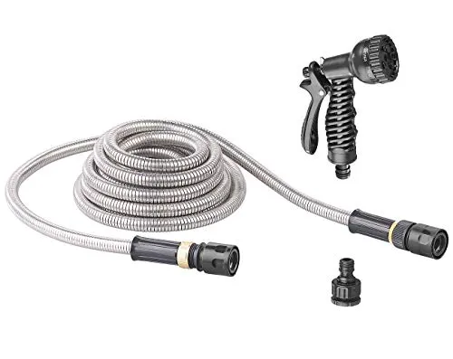 Royal Gardineer Garten Schrumpfschlauch: Dehnbarer Edelstahl-Gartenschlauch mit Brause, 7 Funktionen, 10-15 m (Metall Gartenschlauch, Schrumpfschlauch, Bewässerung)