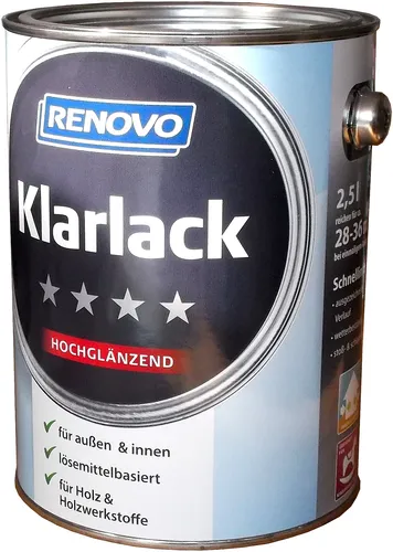 Renovo Klar-Lack hochglanz 2,5 l - Vielseitiger farbloser Klar-Lack für innen und außen, bietet Schutz und einen brillanten Hochglanz-Finish für Ihre Holz- und Metalloberflächen.