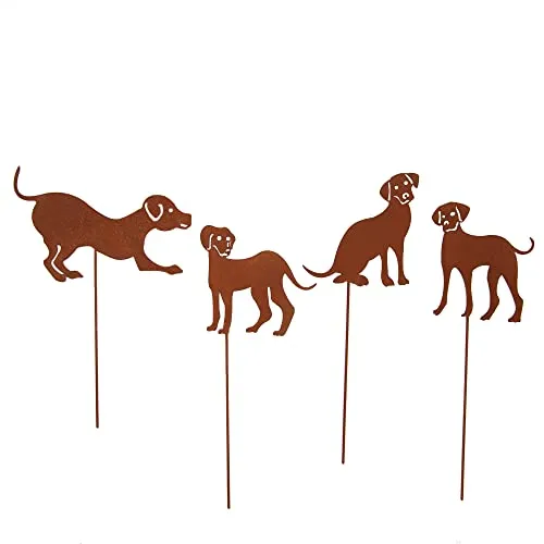 UNUS Edelrost Gartenstecker 4er Set Hund, Gartendeko mit Rost-Optik, Rost Deko aus Metall für Garten, Terrasse, Balkon, Blumentopf, wetterfest und langlebig
