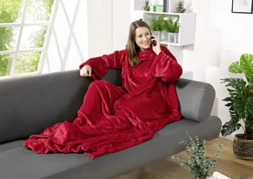 heimtexland ® Ärmeldecke TV Thermodecke mit Ärmeln und Taschen Sofadecke Ganzkörperdecke Kuscheldecke Flanell Weich und Wärmend Decke Typ848 Rot LxB 200 x 170 cm
