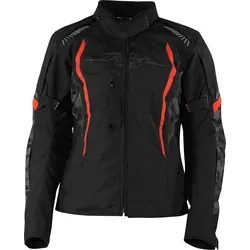 Rusty Stitches Ashley Pixel Damenjacke - Wasserdicht und Stylisch in Schwarz/Grau/Rot, Größe 42 - Die Ashley Pixel Textiljacke überzeugt mit sportlichem Design und herausragendem Komfort. Ideal für Motorradfahrer, bietet sie Schutz, Atmungsaktivität und eine wasserdichte Klimamembrane für alle Wetterbedingungen.
