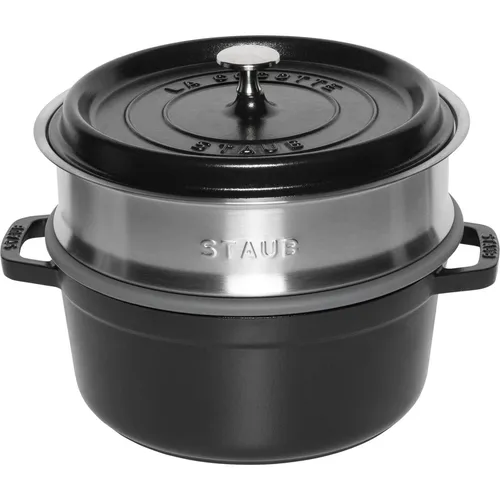 Staub La Cocotte 24cm rund mit Dämpfeinsatz, schwarz - Hochwertiger Gusseisen-Bräter für schonendes Garen, ideal für kreative Küchenliebhaber und stilvolle Dinnerpartys.