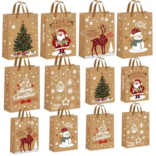 AFXXE 12 Stk Geschenktüten Weihnachten, Groß/Klein Verschiedene Größen Kraftpapier Weihnachtstüten Set, Geschenkverpackung Papier Tüten mit Henkel, Wiederverwendbar Papiertüten für Kinder