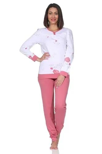 Normann Damen Langarm Schlafanzug Pyjama in Rosa, Größe 48-50 - Eleganter Langarm Pyjama mit Knopfleiste für einfaches An- und Ausziehen. Bündchen sorgen für optimalen Sitz und Tragekomfort. Oeko-Tex Standard 100 zertifiziert, schadstofffrei und pflegeleicht bei 60 Grad.