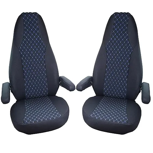 BREMER SITZBEZÜGE Maß Piloten Schonbezüge Sitzbezüge kompatibel mit Wohnmobil Camper Hymer Ducato Wohnmobil Zubehör | 2er Schonbezug Set inkl. Armlehnen-Bezüge in Schwarz/Blau | WMS706