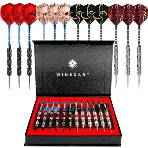 WINSDART ADKX Dartpfeile mit Stahlspitze, 12 Stück, mit rutschfestem Eisenfass, Aluminium-Dartschäften und Flights + Dart-Spitzer + Einer Geschenkbox (Darts-A, Darts-A)