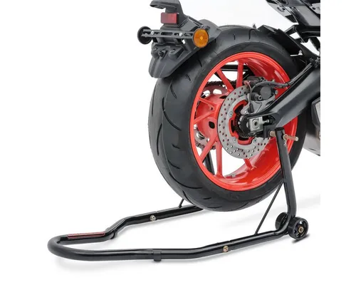ConStands Motorradheber - Universeller Montageständer für Hinterräder - Wagenheber für Motorräder, sicher und einfaches Aufbocken des Hinterrads, ideal für Reparaturen mit stabiler Ausführung und gummierten Aufnahmen zum Schutz der Schwinge.